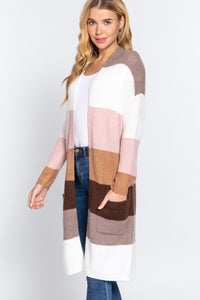 Open Front Color Block Cardigan Mauve/White