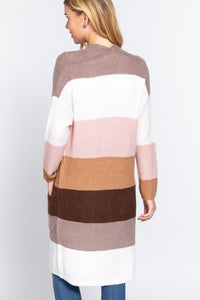 Open Front Color Block Cardigan Mauve/White