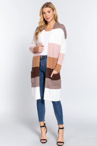 Open Front Color Block Cardigan Mauve/White