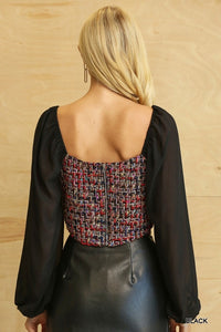 Tweed Bodice And Chiffon Square Top With Back Zipper