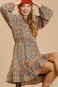 Collared Neckline Button-Down Floral Print Dress With Crochet Trimmed Details