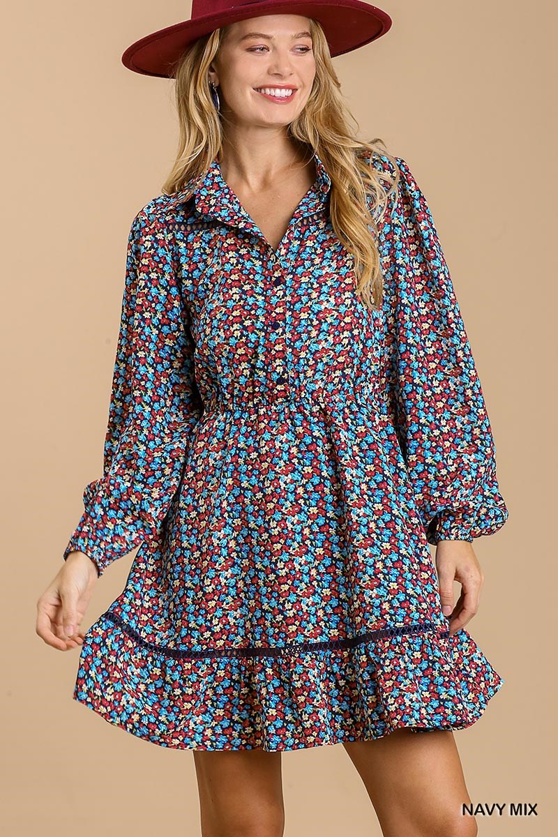 Collared Neckline Button-Down Floral Print Dress With Crochet Trimmed Details