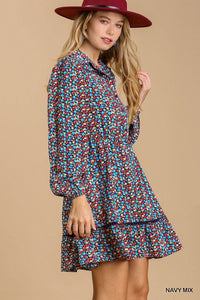 Collared Neckline Button-Down Floral Print Dress With Crochet Trimmed Details