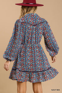 Collared Neckline Button-Down Floral Print Dress With Crochet Trimmed Details