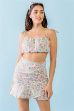 Load image into Gallery viewer, Mint And Fuchsia Print Sleeveless Crop Top &amp; High Waist Wrap Hem Mini-Skirt Set
