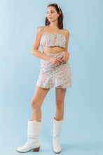 Load image into Gallery viewer, Mint And Fuchsia Print Sleeveless Crop Top &amp; High Waist Wrap Hem Mini-Skirt Set
