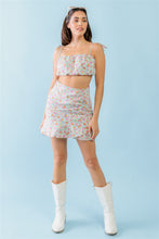 Load image into Gallery viewer, Mint And Fuchsia Print Sleeveless Crop Top &amp; High Waist Wrap Hem Mini-Skirt Set
