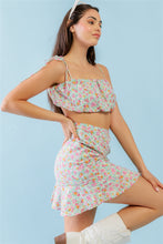 Load image into Gallery viewer, Mint And Fuchsia Print Sleeveless Crop Top &amp; High Waist Wrap Hem Mini-Skirt Set
