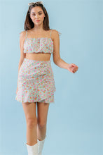 Load image into Gallery viewer, Mint And Fuchsia Print Sleeveless Crop Top &amp; High Waist Wrap Hem Mini-Skirt Set
