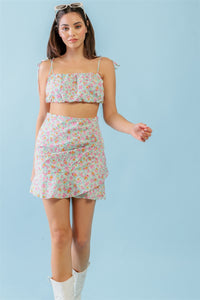 Mint And Fuchsia Print Sleeveless Crop Top & High Waist Wrap Hem Mini-Skirt Set