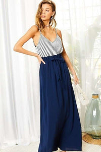 Striped Print Camisole Top Hi-Waist Skirt Side Pocket Maxi Dress