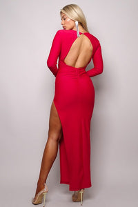 Long Sleeve V-Neck Open Back Maxi Dress