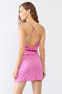 Fuchsia Geo Mesh Print Sleeveless Strappy Criss-Cross Open Back Mini Dress