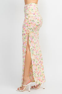 Front Knot Floral Top & Ruched Maxi Skirts Set