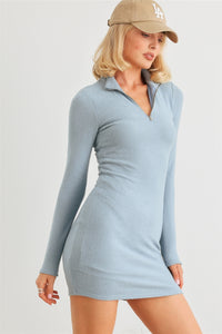 Blue Flannel Zip-Up Mock Neck Mini Dress