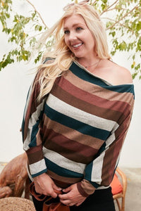 Boat Neck Long Bubble Sleeve Multi Stripe Print Knit Top