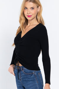 V-Neck Shirring Tie Detail Sweater