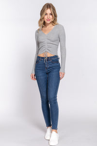 V-Neck Shirring Tie Detail Sweater