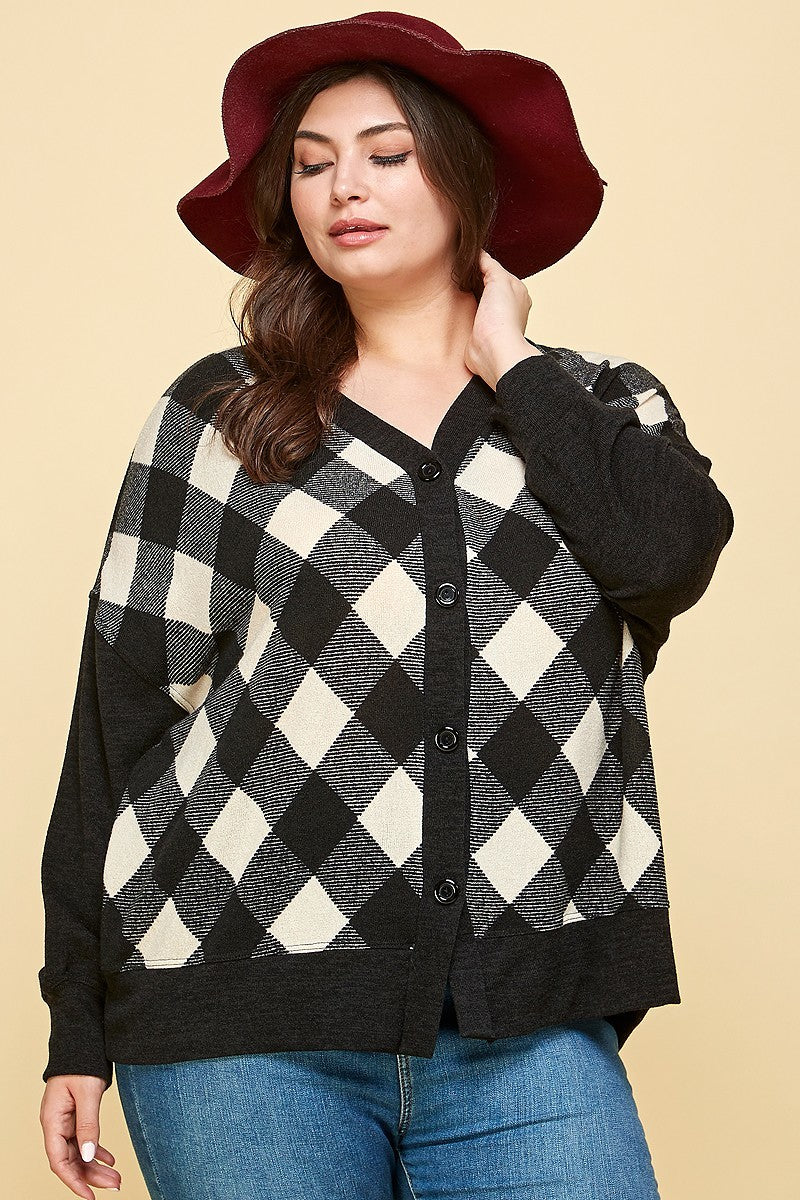 Plus Size Buffalo Plaid Knit Button Up Oversize Cardigan