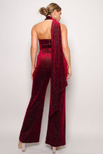 Load image into Gallery viewer, Scarf Top Glitter Velvet Jumpsuit
