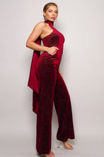 Load image into Gallery viewer, Scarf Top Glitter Velvet Jumpsuit
