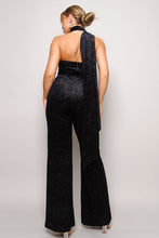 Load image into Gallery viewer, Scarf Top Glitter Velvet Jumpsuit
