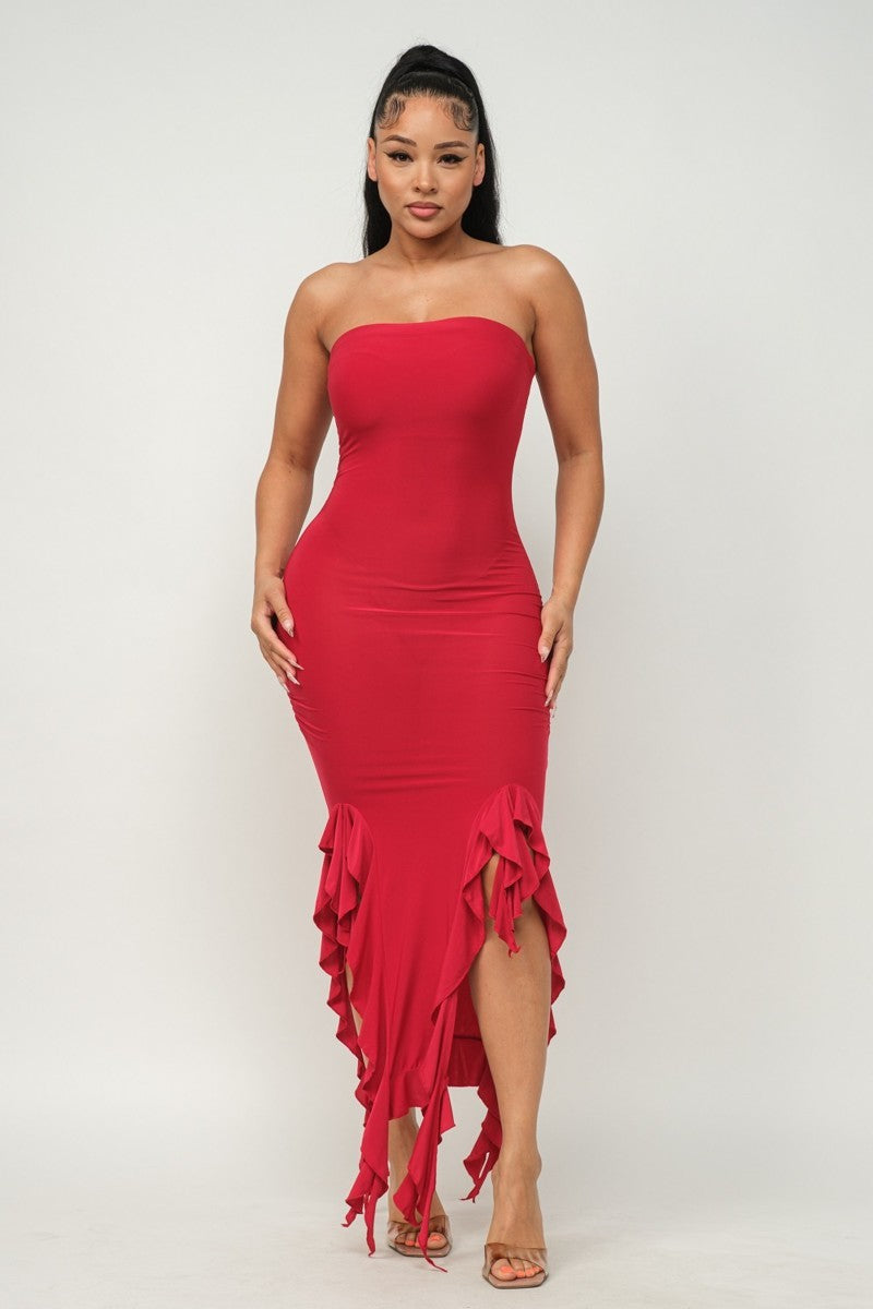 Solid Bottom Ruffle Trim Hem Maxi Dress