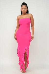 Solid Bottom Ruffle Trim Hem Maxi Dress