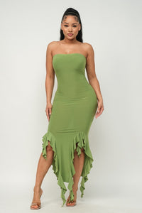 Solid Bottom Ruffle Trim Hem Maxi Dress