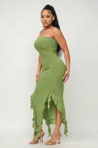 Solid Bottom Ruffle Trim Hem Maxi Dress