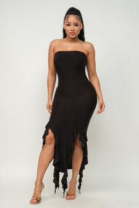 Solid Bottom Ruffle Trim Hem Maxi Dress