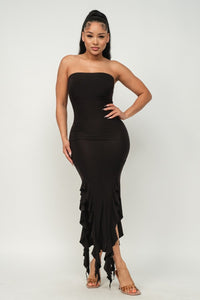 Solid Bottom Ruffle Trim Hem Maxi Dress