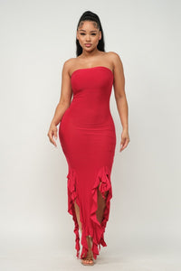 Solid Bottom Ruffle Trim Hem Maxi Dress