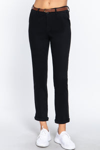 Cotton-Spandex Twill Belted Long Pants