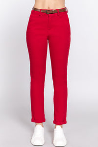 Cotton-Spandex Twill Belted Long Pants