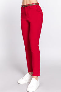 Cotton-Spandex Twill Belted Long Pants