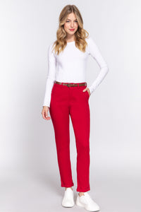 Cotton-Spandex Twill Belted Long Pants