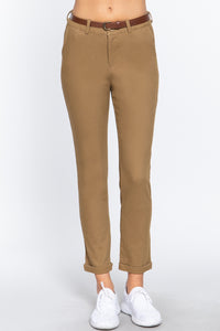 Cotton-Spandex Twill Belted Long Pants