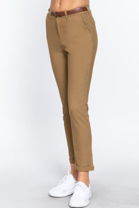 Cotton-Spandex Twill Belted Long Pants