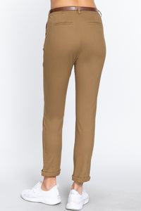 Cotton-Spandex Twill Belted Long Pants