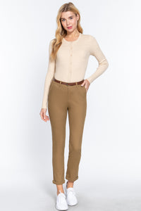 Cotton-Spandex Twill Belted Long Pants