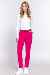 Cotton-Spandex Twill Belted Long Pants