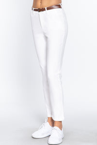 Cotton-Spandex Twill Belted Long Pants