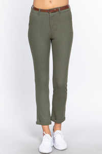 Cotton-Spandex Twill Belted Long Pants