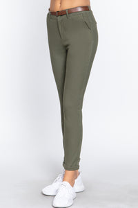 Cotton-Spandex Twill Belted Long Pants