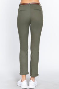 Cotton-Spandex Twill Belted Long Pants