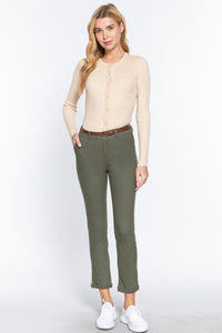 Cotton-Spandex Twill Belted Long Pants