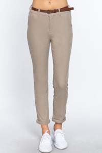 Cotton-Spandex Twill Belted Long Pants