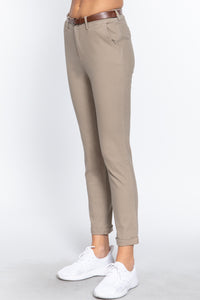 Cotton-Spandex Twill Belted Long Pants