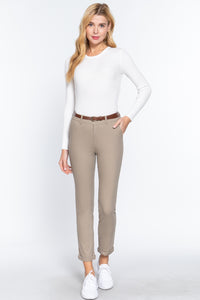 Cotton-Spandex Twill Belted Long Pants